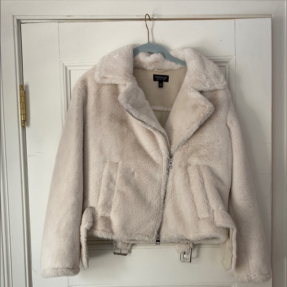 Topshop Cream Teddy Jacket with Moto Style and Asymmetrical Zipper